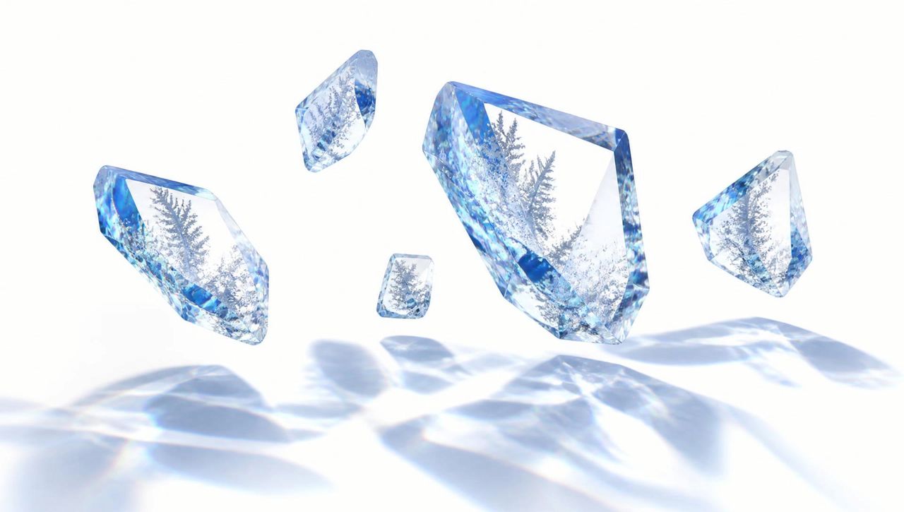 Faceted crystal shards refracting cobalt spectra into sharp caustic light patterns on a white ground