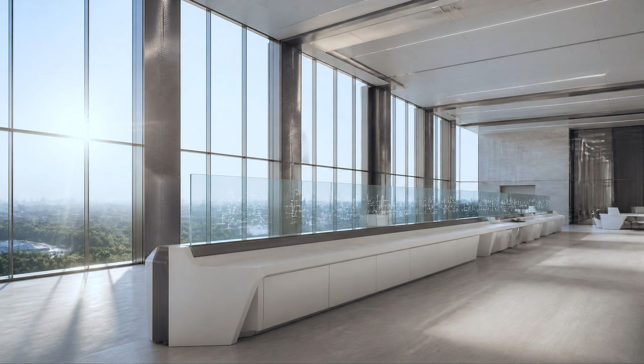 A daylight institutional control room with glass panels etched with state-machine node graphs