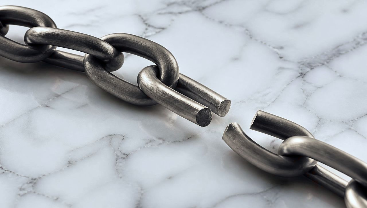 Brushed bronze chain links on white marble with one link cleanly fractured, representing a broken hash chain